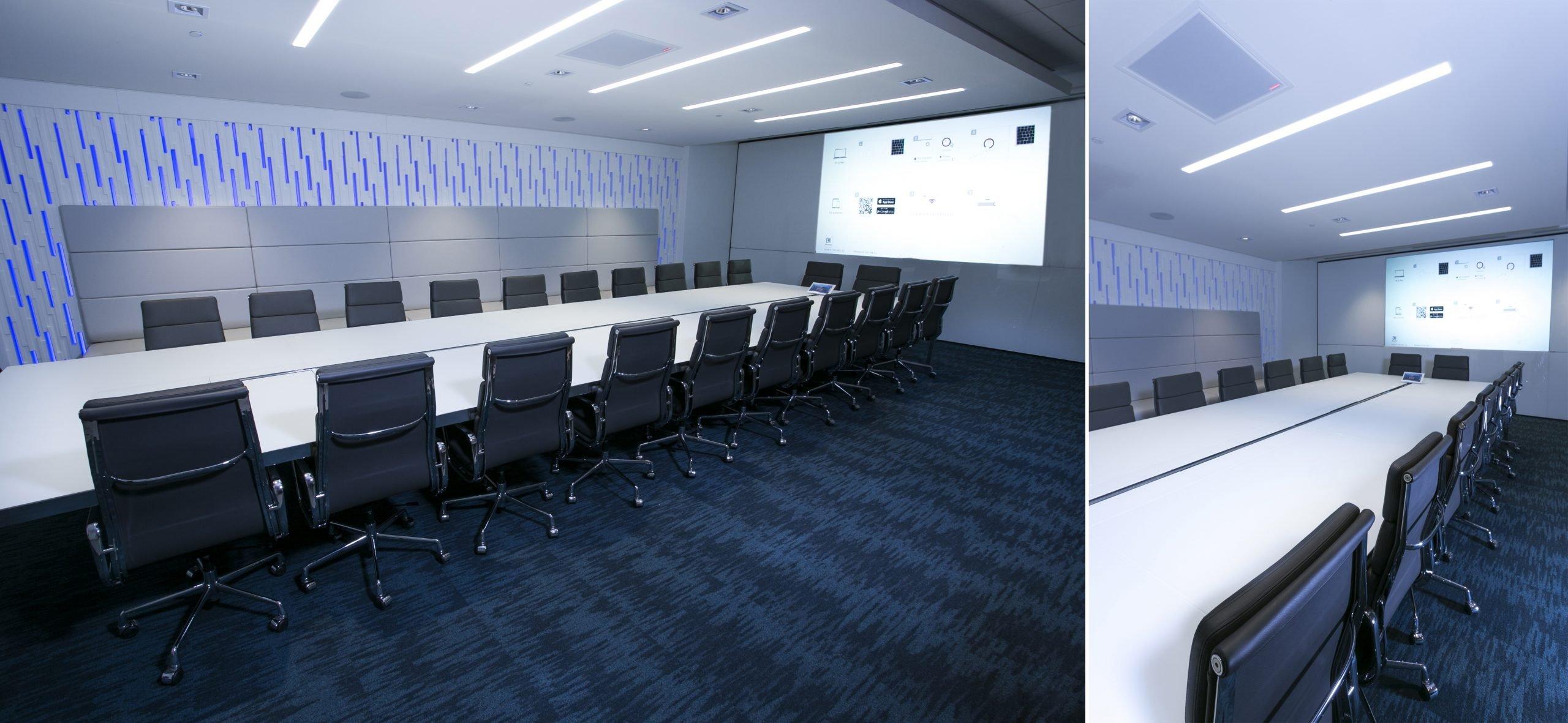 two pictures of a conference room with a projector and a screen